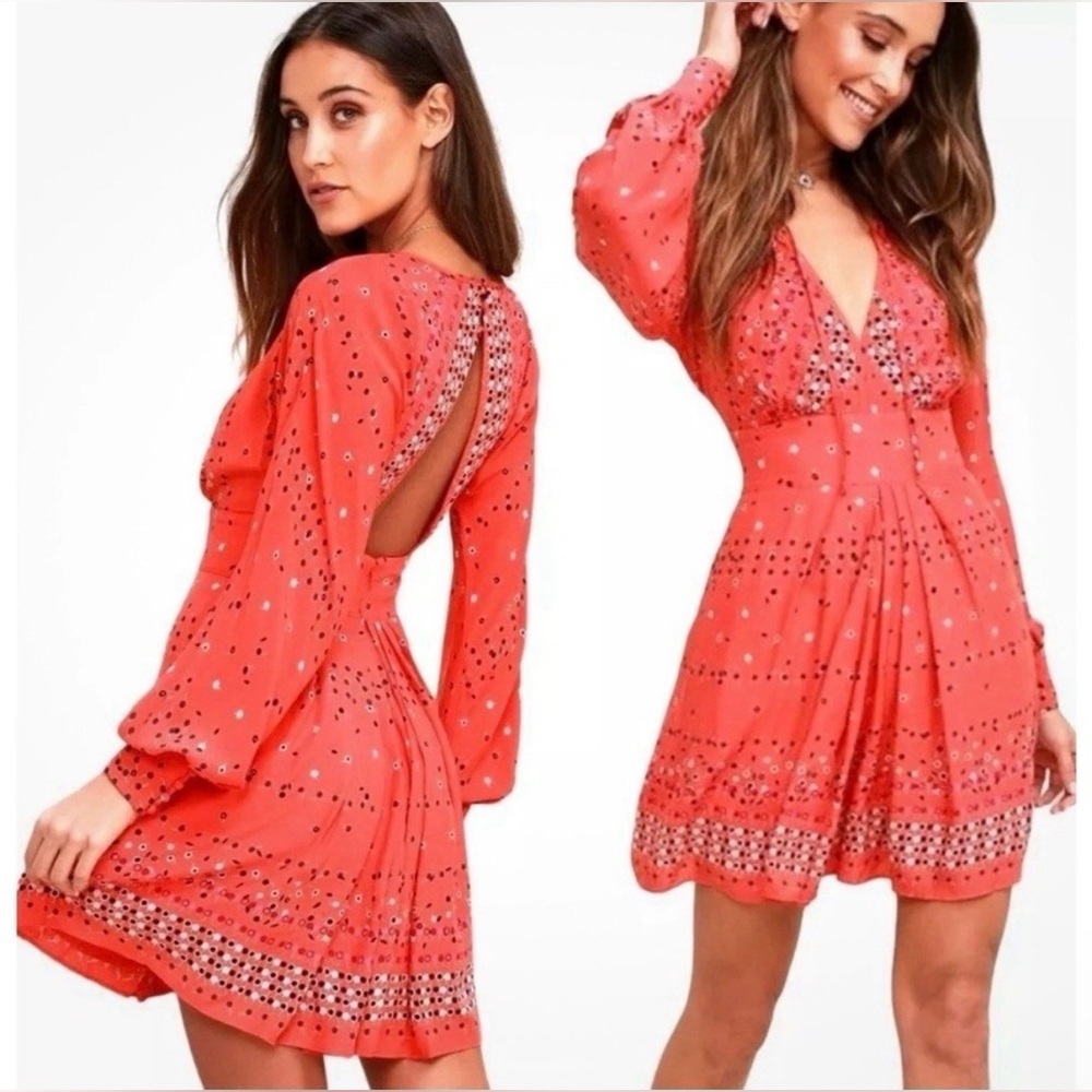 Free People Coryn Coral Print Pleated Cut Out Dress Long Sleeve Size 10